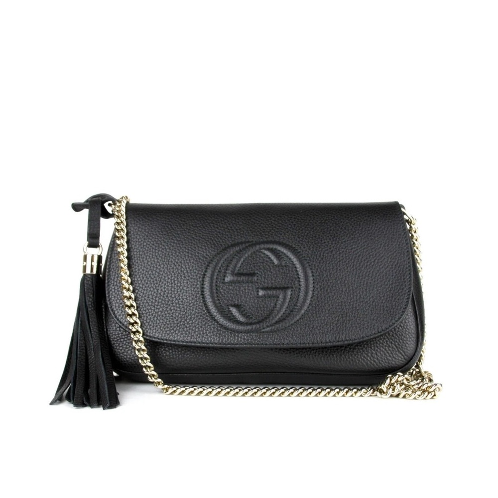 NEW 💯 Authentic Gucci Soho Disco Leather Pebbled Black Tassel Chain Fla…